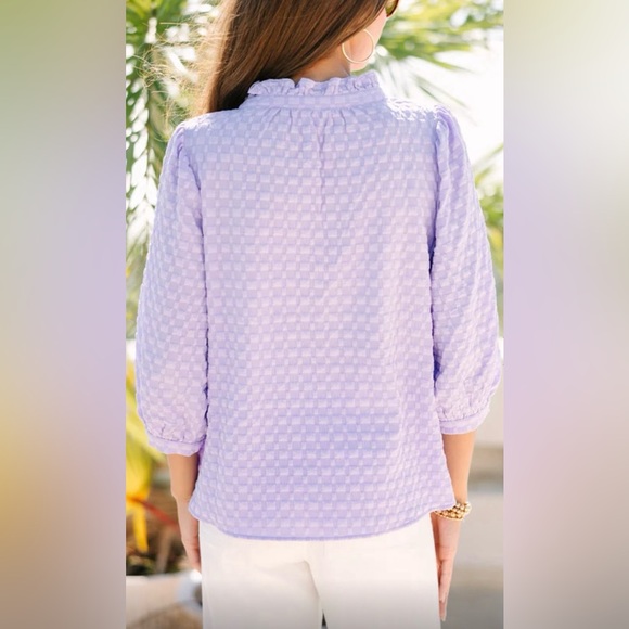 Lilac 3/4 Sleeve Shirt | Textured Knit | Ruffled V-Neck - Picture 6 of 8